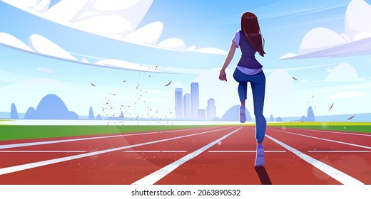 Athletic woman run on stadium, sport workout, fit girl rear view running on cityscape background. Female character fitness, jogging exercise or marathon, outdoor training, Cartoon vector illustration