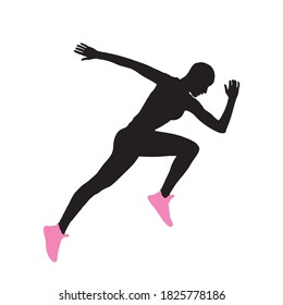 Athletic woman running fast. Vector silhouette illustration on white background
