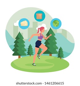 athletic woman running in the landscape with healthy icons