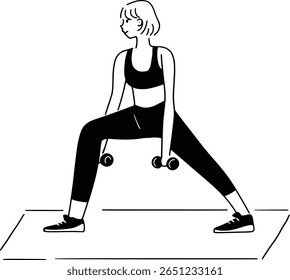Uma mulher atlética em um sutiã esportivo e pernas levantando pesos. Esboço preto e branco ilustrando uma rotina saudável e exercício muscular.