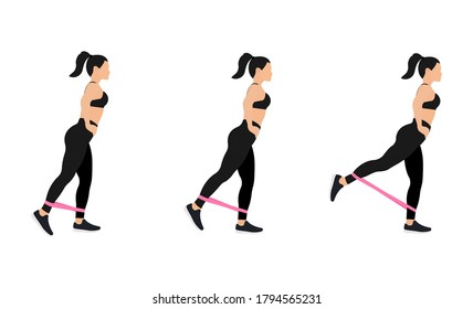 Athletic woman in sportswear doing exercises with resistance bands, isolated on white background. Vector illustration in flat design