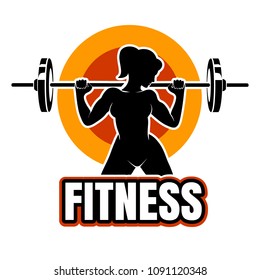 Athletic woman training with barbell. Fitness emblem or label. Vector illustration.