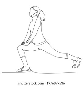 Athletic woman warming up before her morning workout - Runner training outdoors, healthy lifestyle concept - continuous one line drawing