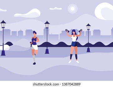 athletic women running and weight lifting in the park