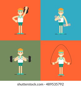 Athletic young man with barbell, dumbbells, weight and skipping rope doing exercises, vector illustration set in flat style. Healthy lifestyle. Fitness people. Workout and gymnastics icons.