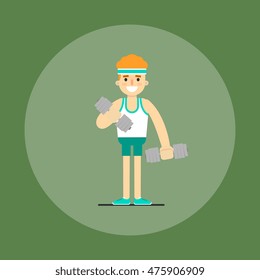 Athletic young man with dumbbells doing exercises, vector illustration in flat style. Healthy lifestyle. Fitness people. Workout and gymnastics. Cartoon character isolated on green background.