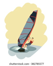 athletic young man riding on sailboard