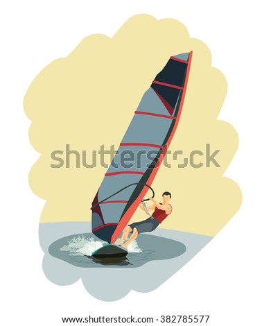 athletic young man riding on sailboard