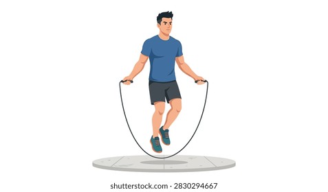 Athletic young man skipping rope for cardio workout isolated on white background flat design vector illustration.