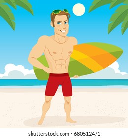 Athletic young surfer man on beach holding surfboard