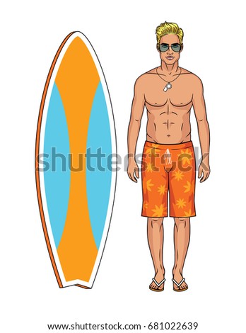 Athletic young surfer man with surfboard. Handsome  guy in beach clothes