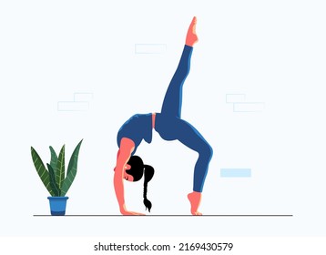 Athletic young woman doing yoga and stretching. Healthy Lifestyle. International Yoga Day. Colorful flat vector illustration. The girl performs aerobics exercises and morning meditation at home.