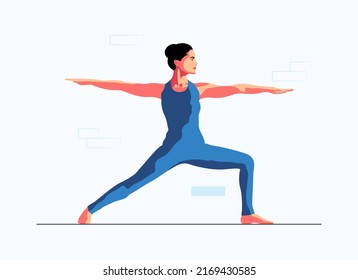 Athletic young woman doing yoga and stretching. Healthy Lifestyle. International Yoga Day. Colorful flat vector illustration. The girl performs aerobics exercises and morning meditation at home.