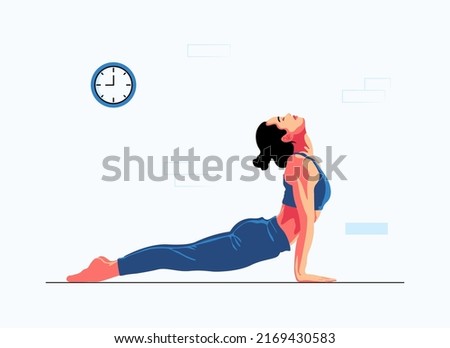 Athletic young woman doing yoga and stretching. Healthy Lifestyle. International Yoga Day. Colorful flat vector illustration. The girl performs aerobics exercises and morning meditation at home.