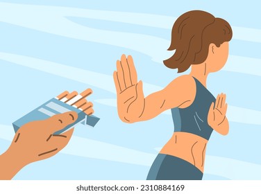 Athletic young woman offers to smoke cigarette. Hand gesture rejection. No smoking. Stop nicotine. Harm to health. Flat vector illustration