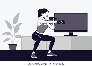 Athletic young woman performing deep squats while holding dumbbells in front of a television during a guided home workout session.