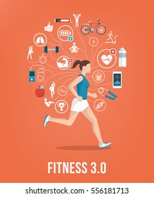 Athletic young woman running surrounded by fitness concepts and icons