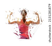 Athletic young woman showing muscles on her back and arms. Low polygonal isolated vector illustration, geometric drawing from triangles. Fitness logo