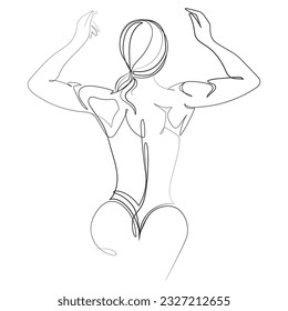 Athletic young woman showing muscles on her back and arms One line drawing.Woman silhouette bodybuilder,fitness girl minimalist sketch illustration.Fitness logo,poster,print,emblem design.Vector 