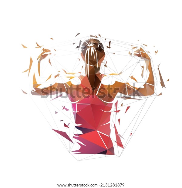 Athletic young woman showing muscles on her back and arms. Low polygonal isolated vector illustration, geometric drawing from triangles. Fitness mural. 