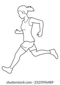 Athletic young woman from side view. Vector outline illustration of a runner isolated on white background.