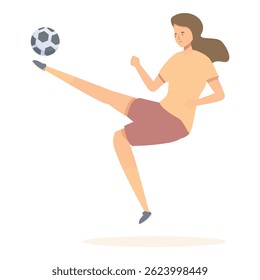Jovem atlética vestindo sportswear chutando bola de futebol, gostando de jogar futebol