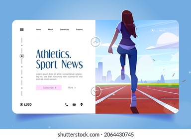 Athletikbanner mit Mädchen Joggen auf Rennstrecke auf dem Stadion. Vektorlandeseite der Sportnachrichten mit Cartoon-Illustration der weiblichen Ausbildung auf roter Fahrspur