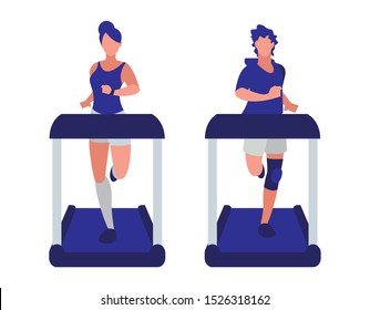 athletics couple running in electric treadmill tape vector illustration design