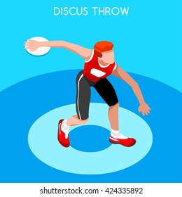 Athletics Discus Throw Sportsman Games Icon Set. 3D Flat Isometric Athlete. Sporting Championship People Competition. Sport Infographic Disc Throw Athletics events Vector Illustration.