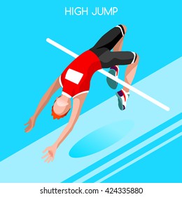 Athletics High Jump Sportsman Games Icon Set. 3D Isometric Athlete. Sporting People Male Athletics Competition. Individual Sport Infographic Athletics High Jump Events People Vector Illustration