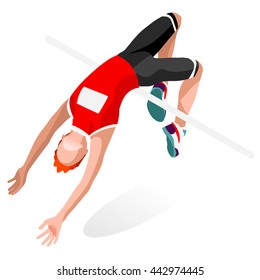 Athletics High Jump Sportsman Games Icon Set. 3D Isometric Athlete. Sporting Championship People Athletics Competition. Sport Infographic Athletics High Jump events Vector Illustration