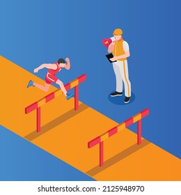 Athletics hurdles man's race training isometric 3d flat vector illustration concept for banner, website, landing page, ads, flyer template, etc