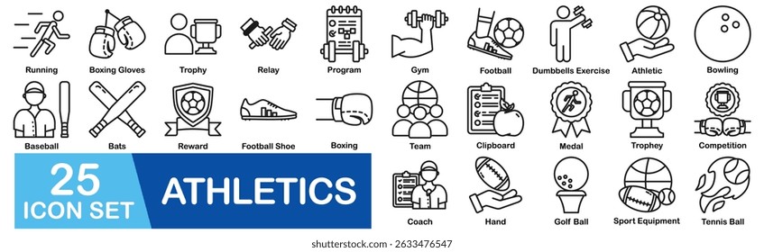 Athletics Icon Set With Running, Boxing Gloves, Trophy, Relay, Program, Gym, Football, Dumbbells Exercise, Athletic, Bowling, Baseball, Bats, Reward