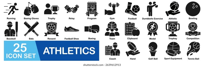Athletics Icon Set With Running, Boxing Gloves, Trophy, Relay, Program, Gym, Football, Dumbbells Exercise, Athletic, Bowling, Baseball, Bats, Reward