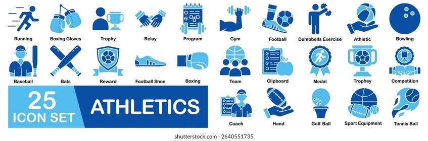 Athletics Icon Set With Running, Boxing Gloves, Trophy, Relay, Program, Gym, Football, Dumbbells Exercise, Athletic, Bowling, Baseball, Bats, Reward