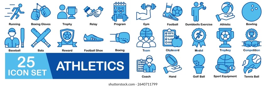 Athletics Icon Set With Running, Boxing Gloves, Trophy, Relay, Program, Gym, Football, Dumbbells Exercise, Athletic, Bowling, Baseball, Bats, Reward