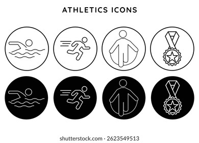 Ícone de atletismo set nadador, corredor, jumper, medalha, campeão, fitness, esporte, competição, treinamento, corrida, design de ilustração de vetor de exercício.