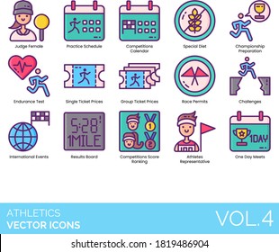 Athletics icons including judge female, practice schedule, preparation, endurance test, ticket price, race permit, challenge, event, result board, score ranking, athlete’s representative, one day meet