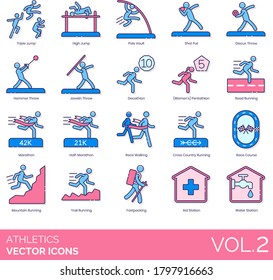 Athletics icons including triple jump, high, pole vault, shot put, discus, hammer, javelin throw, decathlon, pentathlon, road running, marathon, half-marathon, race walking, cross country, course.