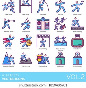Athletics icons including triple jump, pole vault, shot put, discus, hammer, javelin throw, decathlon, pentathlon, road running, marathon, race walking, mountain, trail, fastpacking, water station.