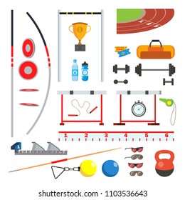 Athletics Icons Set Vector. Athletic Sport Accessories, Items. Isolated Flat Cartoon Illustration
