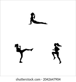 Athletics Icons, Women practicing exercice. Collection of nine black symbols of sport and healthy lifestyle activities. Vector available.