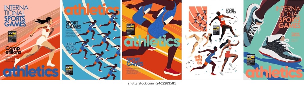 Atletismo. Juegos deportivos internacionales. Ilustración vectorial de corredor, trotar, atleta, pista, correr, piernas con zapatillas, competición por póster, cubierta o fondo	
