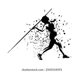 Atletismo, lançamento de dardo, mulher distorcida isolada vetor silhueta. Ilustração de atleta feminina