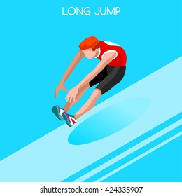 Athletics Long Jumper male Sportsman Icon Set. 3D Flat Isometric summer games Athlete jump. Sporting Championship Athletics Competition. Sport Infographic Athletics Long Jump events Vector People