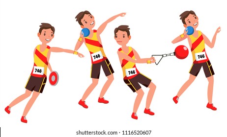 Athletics Male Player Vector. Playing In Different Poses. Man Athlete. Isolated On White Cartoon Character Illustration