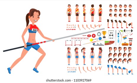 Athletics Player Male, Female Vector. Athlete Animated Character Creation Set. Man, Woman Full Length, Front, Side, Back View, Accessories, Poses, Face Emotions, Gestures. Flat Cartoon Illustration