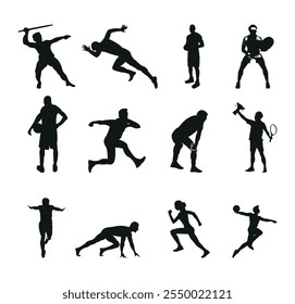 Jugador de atletismo silueta Colección de Vector aislada, atletismo Color negro Fondo blanco Vector Silueta Clip arte Paquete conjunto, atletismo Deporte Hombre aislado
