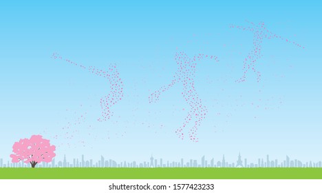 Athletics players made of cherry petals and view of the city(Created with vector data)
