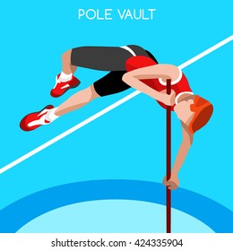 Athletics Pole Vault Sportsman Games events Icon Set. 3D Isometric Athlete. Sport Championship People Athletics Competition. Sport Infographic Pole Vault Athletics High Jump Vector Illustration.